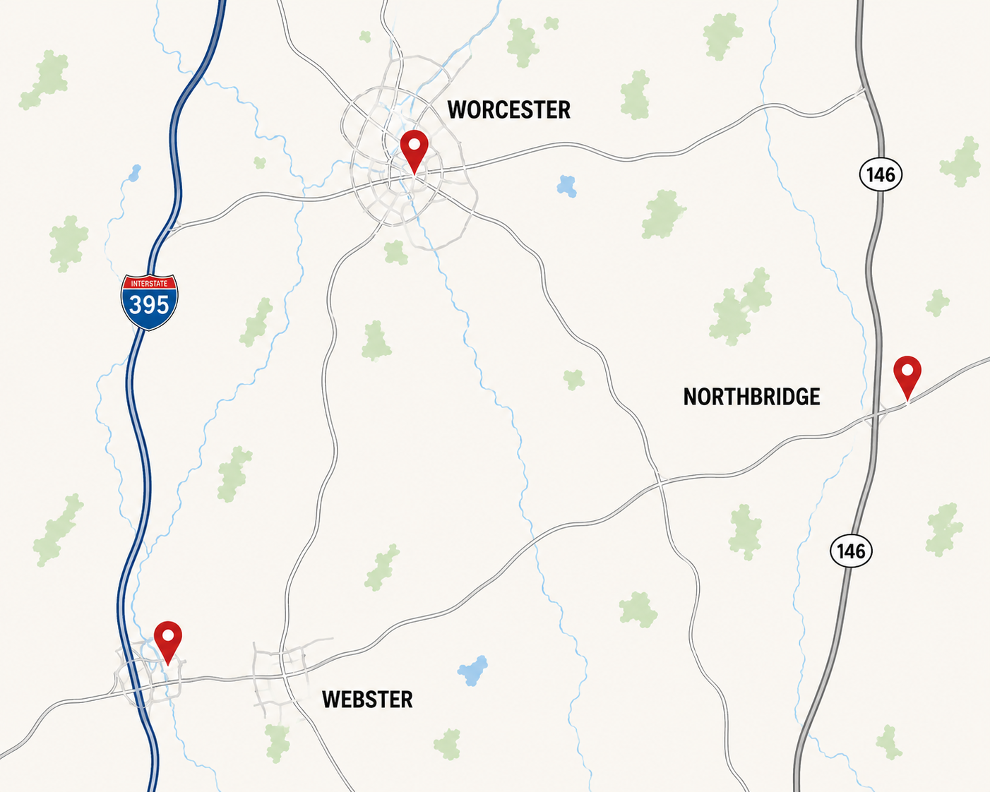 Map of Worcester, Webster, and Northbridge, MA with I-395 and Route 146